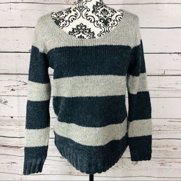 Gap Alpaca Blend Essential Classic Navy Grey Stripe Wide Neck Sweater XS - Picture 1 of 7
